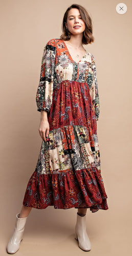 Marsala Mixed Print Dress