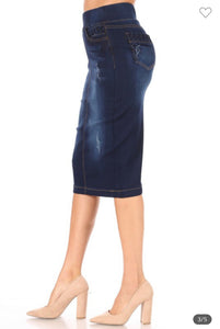 Dark Wash Elastic Waist Jean Skirt